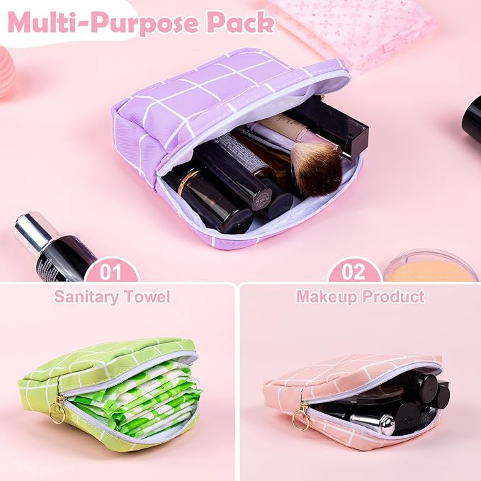 Period Bag Pouch Soft Cloth Sanitary Napkin Storage Bag Portable Menstrual Pad Pouches Tampon Holder for Purse First Period Kit for Girls 9-12 (Red-Blue Check)