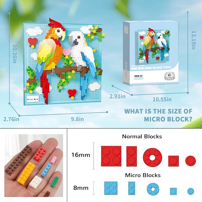 Parrot Bird Animal 3D Wall Art Micro Mini Building Blocks Set for Adults, Unique Home Wall Decor or Table Display, No Compatible with Lego, Ideal Birthday Toy for Kids Teens (1700 PCS)