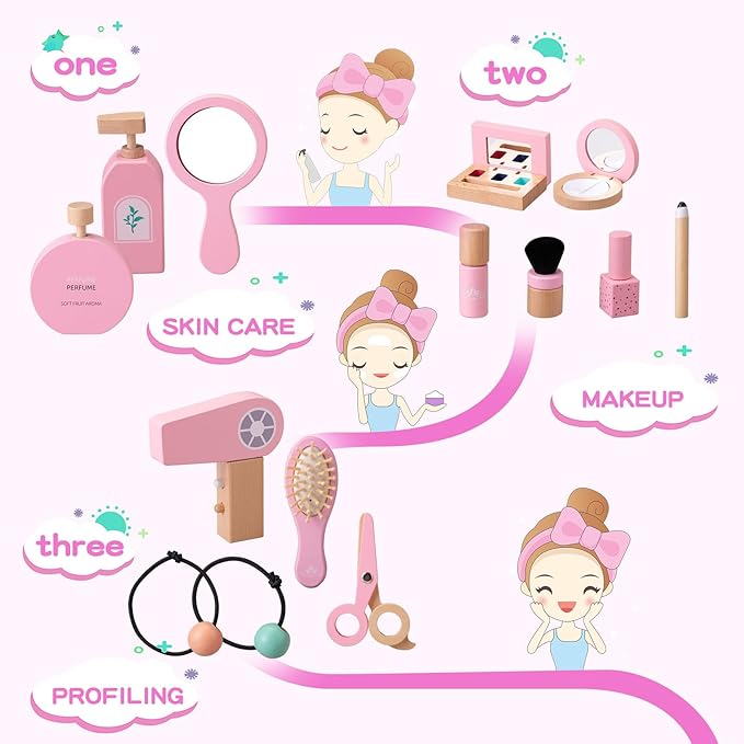 Ehome Wooden Beauty Salon Play Set, Makeup Kit Play Set Wood Makeup Toy Set for Toddler Pretend Play Makeup Kit with Realistic Accessories for Girls 3 4 5 6 7 8 Year Old Christmas Birthday Gifts