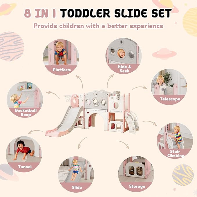 GITAWUSA 8 in 1 Toddler Slide, Outdoor Indoor Playset for Kids Baby Age 1 2 3, Childs Climber Slide with Storage Space and Non-Slip Steps, Basketball Hoopa and Telescope, Pink & White