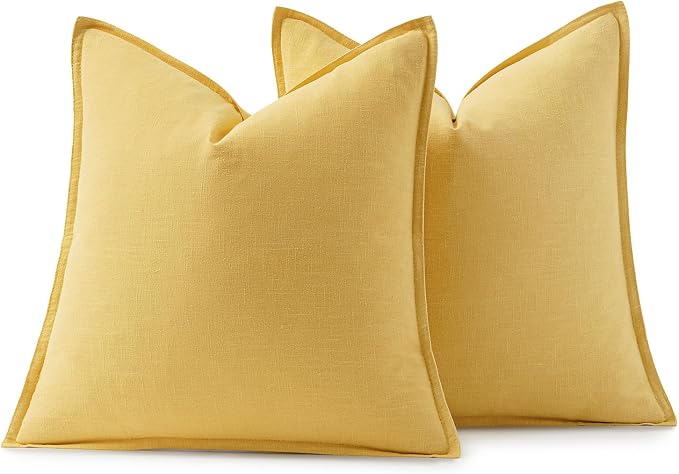 MIULEE Decorative Linen Pillow Covers 20x20 Inch Yellow | Boho Farmhouse Neutral Couch Throw Pillows for Bed, Pack of 2 Accent Modern Pillowcases, Sofa Livingroom Home Decor