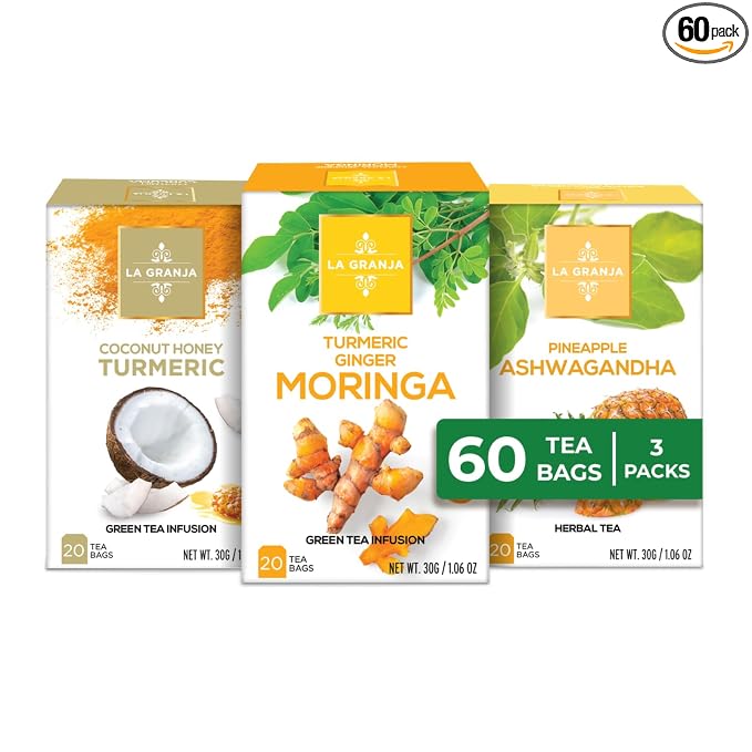 Life Plus Style Gourmet La Granja Variety Pack Assortment Natural 60 Tea Bags Coconut Honey Turmeric Ginger Moringa Green Tea Pineapple Ashwagandha Herbal Tea Set Samplers Gifts for Women