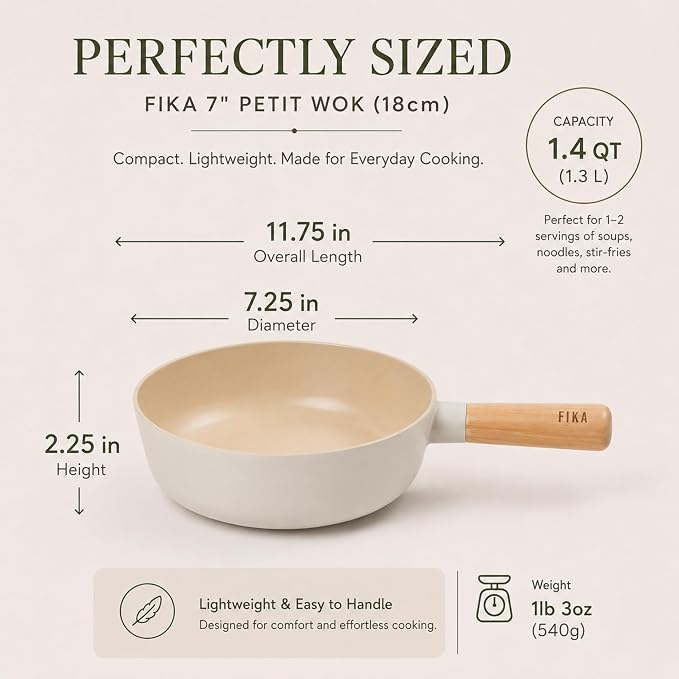FIKA Small 7 Inch Deep Ceramic Coated Wok Pan, Nonstick Stir Fry & Soup Pan with Natural Wooden Handle, Induction Compatible for All Stovetops, Made in Korea (18cm)