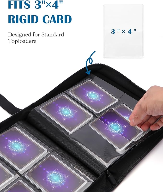 Top Loader Binder for 144 Toploaders, Side Loading Toploader Binder 4 Pocket for 3 x 4'' Rigid Cards with Zipper Closure, PU Leather Ringless 2x2 Card Binder for MTG/TCG/Sports/Games, Purple