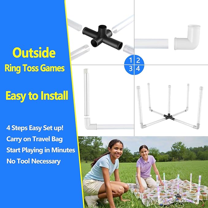 Ring Toss Outdoor Games with 16 Rings, Backyard Games Lawn Games for Adults & Kids, Backyard Camping Activities, Outdoor Games for Kids, LED Ring Toss