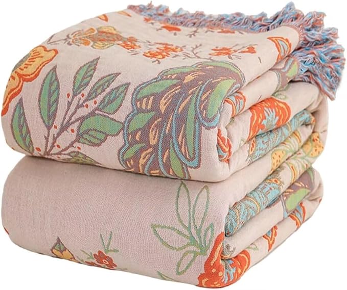 Boho Throw Blanket for Bed 100% Cotton Bohemian Blankets Ultra Soft Woven Muslin Decorative Blankets All Seasons Vintage Quilt Knitted Blanket for Sofa Chair(Orange, 80"x90")
