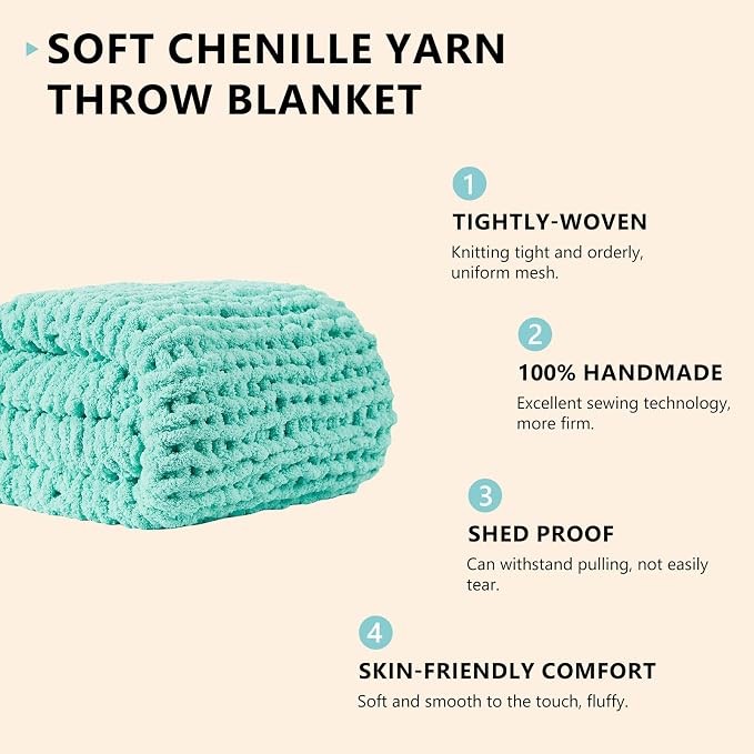 L'AGRATY Chunky Knit Throw Blanket for Couch, 60 x 80 Inches, Lake Blue | Handmade Chenille Crochet Blanket for Sofa Bed, Thick Cable Knitted Blankets for Room Home Decor, Birthday Gift for Women Mom