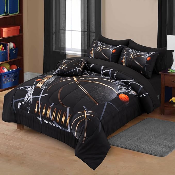 A Nice Night Basketball Court Printed Comforter Sets,with Sportsman Slam Dunk Printing 6Pcs Bedding Set in a Bag for Teen Boys,Twin