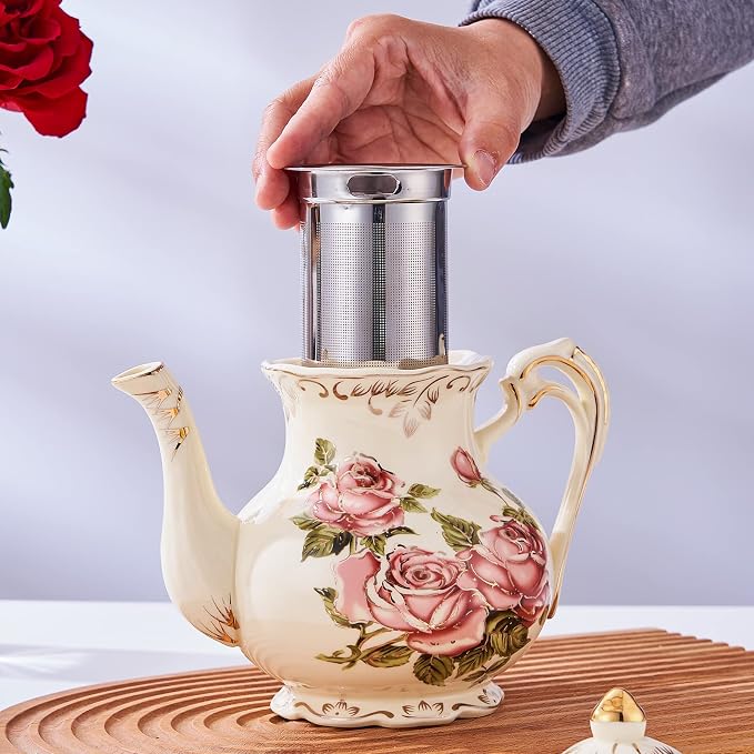 YOLIFE Ivory Rose Teapot, 35 OZ/ 4 Cup Porcelain Tea Pot with Infuser for Loose Leaf Tea, Vintage Floral Teapot and Gold Trim