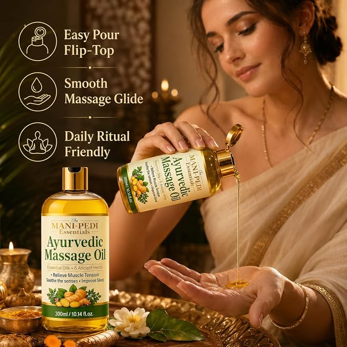 Ayurvedic Oil, Massage Oil with 6 Ancient Herbs with Clove, Almond, Lemongrass & Lavender Oils. Relieves Muscle Tensions, Calms Nerves, Soothes Senses. Organic & Natural - 10 Fl Oz
