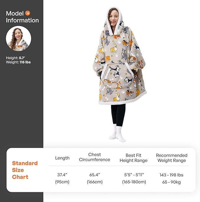 Giggling Getup Wearable Blanket Hoodie for Adults Gifts for Teen Girls Sister Women Sherpa Fleece Printed Hooded Blanket Sweatshirt Warm Cozy with Pocket & Sleeves Grey Dog