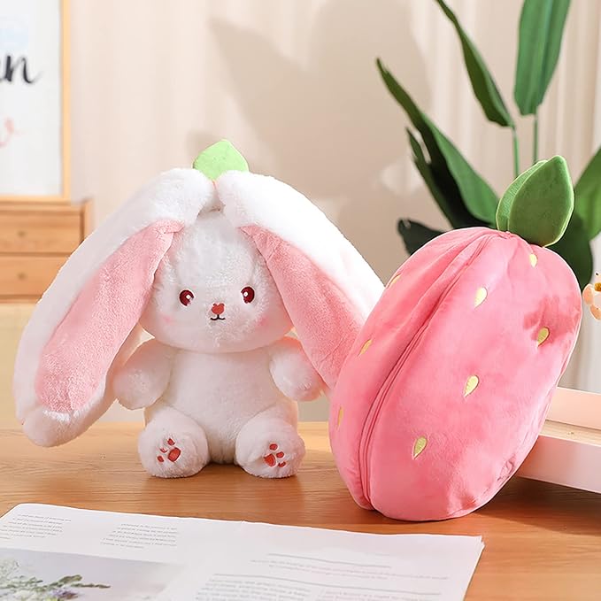 Bunny Plush Doll Toy Pillow, Reversible Carrot Strawberry Bunny Stuffed Animal with Zipper, Cute Rabbit Decoration for Kids & Adult Birthday Party Gift (1pcs 7" Strawberry)
