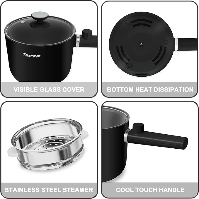 Topwit 1.5L Hot Pot Electric, Portable Ramen Cooker, Non-Stick Frying Pan | BPA-free, Glass Lid, Overheat & Boil-dry Protection, Electric Pot for Pasta, Steak, College Dorm Office Travel Essentials