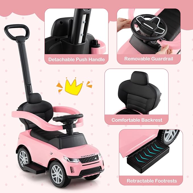 Costzon Push Car for Toddlers, 3 in 1 Land Rover Discovery Stroller Sliding Walking Car with Handle, Horn Sound, Underneath Storage, Armrest Guardrail, Foot-to-Floor Ride On Toy for Boys Girls (Pink)