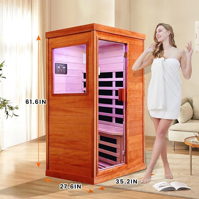 Infrared Sauna, Far Infrared Saunas for Home, 1 Person Sauna Indoor Sauna | Low EMF Wood Dry Sauna Room with Speakers 7 Color Light Fast Heating Easy Assembly 1200W/110V 27.56x35.24x61.42 IN