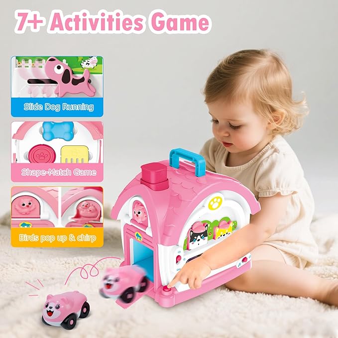 Montessori Toys for 1 2 3 Year Old Girl Gifts, Musical Toy House with Stuffed Puppy, Car, Baby Toys 12-18 Month, Learning Educational Toy for Toddler 1-3, First Birthday Gifts for Girls (Pink)
