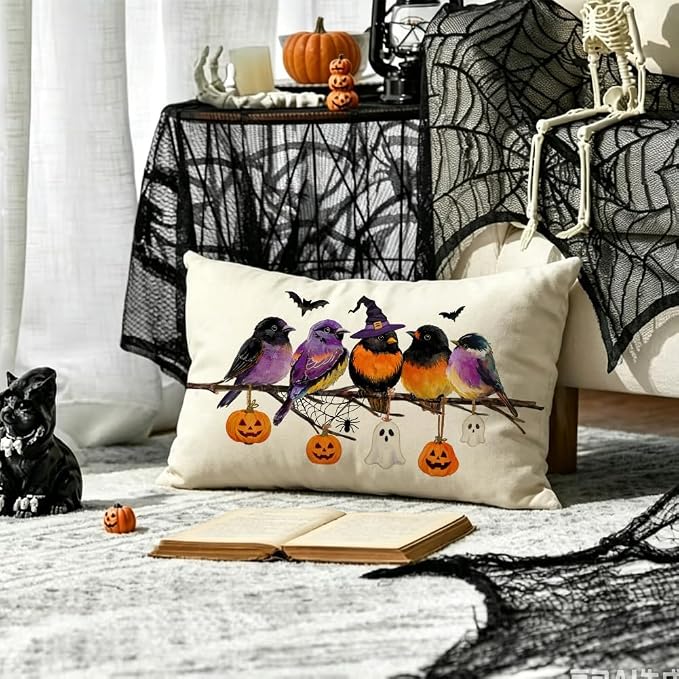 RABUSOFA Halloween Pillow Covers 12x20 Inch Halloween Decorations for Home | Watercolor Birds,Waterproof,Spooky Ghost Pumpkin Bat Halloween Decor,Supplies Accessories for Home Couch Party Patio