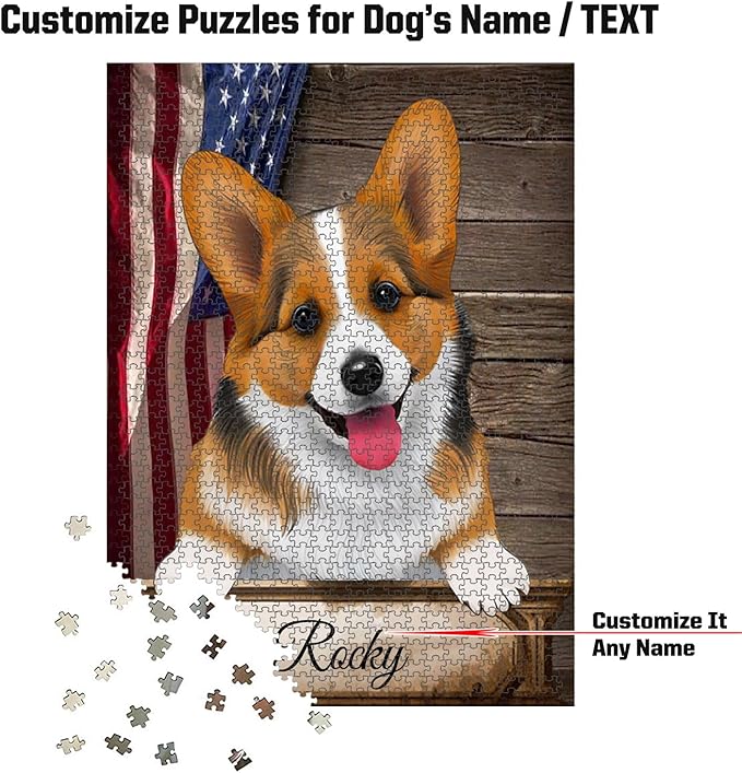 Custom Wooden Jigsaw Puzzles with Your Dog's Name on Pembroke Welsh Corgi Art Print - 300 500 1000PCS Puzzles Game and Home Wall Decor