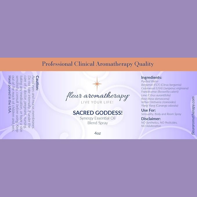 Sacred Goddess Essential Oil Spray 4oz - Fleur Aromatherapy | Made with Purified Water, Sensual Spray Blend, Professional Clinical Aromatherapy Quality