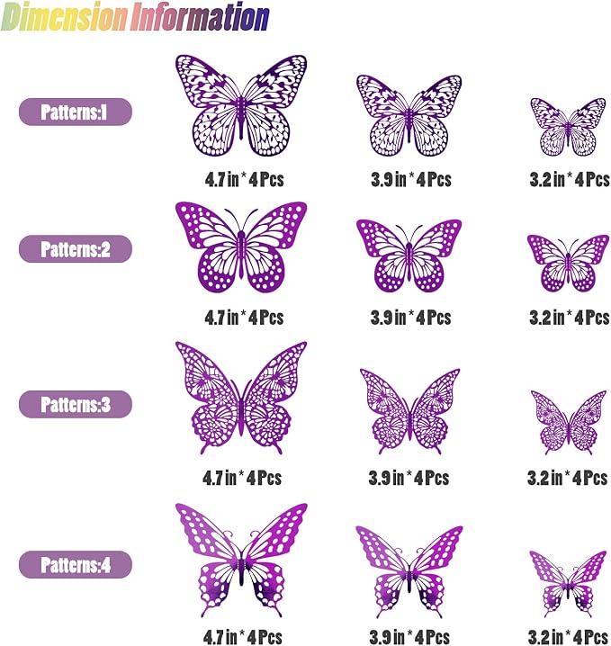 SAOROPEB 3D Butterfly Wall Decor 48 Pcs Purple Butterfly Decorations | 4 Styles 3 Sizes, Birthday Decorations Butterfly Party Decorations Cake Decorations, Removable Stickers