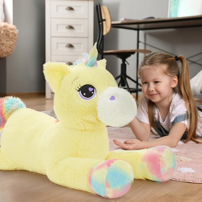 Tezituor 43in Giant Unicorn Plush Toys,Big Yellow Unicorn Stuffed Animals,Lovely Unicorns Birthday Decorations for Children,Great Gifts for Girls Boys Kids