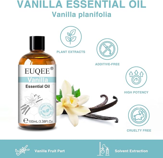 EUQEE Vanilla Essential Oil 118 ml Pure Vanilla Oil with Glass Dropper, Great for Diffusers, DIY Bath Bombs, Soap & Candle Making - 4Fl.Oz