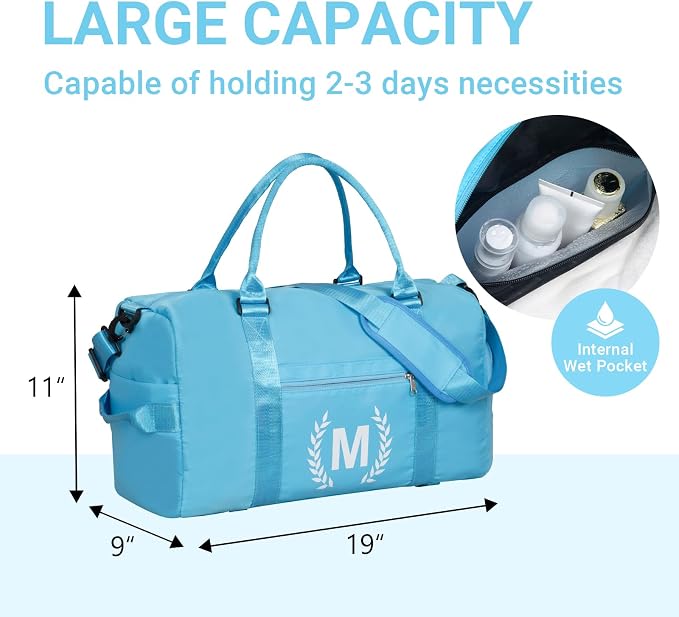 Gym Bag for Women, Personalized Duffle Bag with Shoe Compartment, Sports Bag for Yoga & Dance with Wet Pocket and Mat Strap(AquaBlue,U)