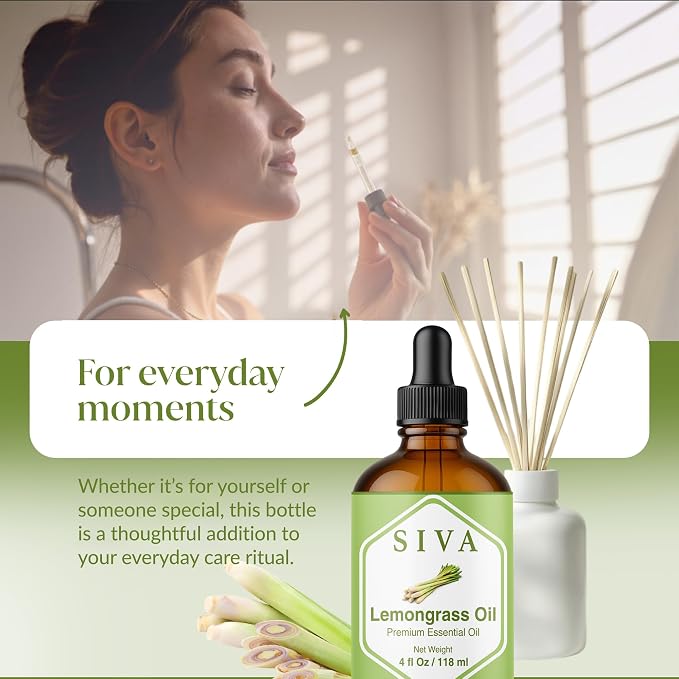 Siva Lemongrass Essential Oil 4 Fl Oz – for Diffuser, Skin & Hair Care – Ideal for Massage & DIY Blends- with Dropper