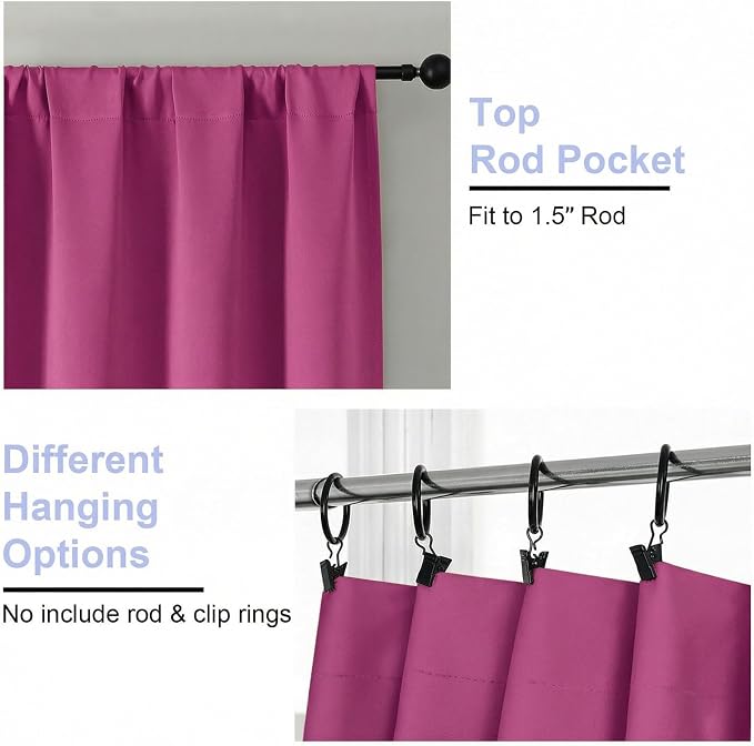 Simplebrand Ava Hot Pink Blackout Curtains for Bedroom 63 Inch Length 2 Panels Set, Privacy Thermal Insulated Rod Pocket Door Window Curtains for Patio French Door Front Door, W40 x L63 Inch