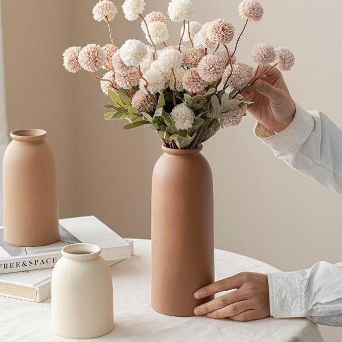 Large Decorative Ceramic Vase Set, 3 Pieces, Nordic Modern Boho Style, Earthtone Color Mix, Modern Farmhouse for Home Decor (XL Coffee Mix)