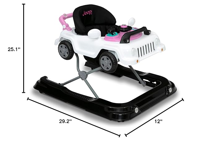 Jeep Classic Wrangler 3-in-1 Grow with Me Activity Walker - Features Music, Lights, Removable Play Tray, Push Walker Mode, Converts into Rolling Car Toy, White/Pink