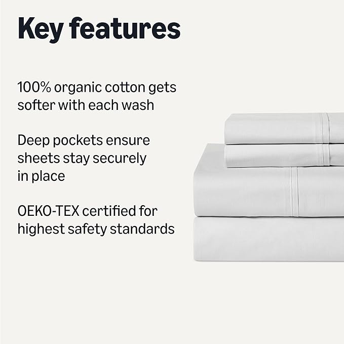 Amazon Basics 100% Organic Cotton Kids' Sheet Set with Deep Pockets and Pillowcase, Queen, Pale Gray