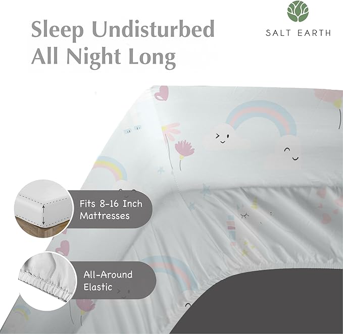 Salt Earth 100% Cotton 210TC Kids Bedsheet, Twin Fitted Sheet, Toddler Bed, 2 Piece Bedding Set- 1 Fitted Sheet and 1 Pillowcase, Themed Toddler Bed Sheets, Cute Sheets for Kids Bed (Unicorn/Rainbow)