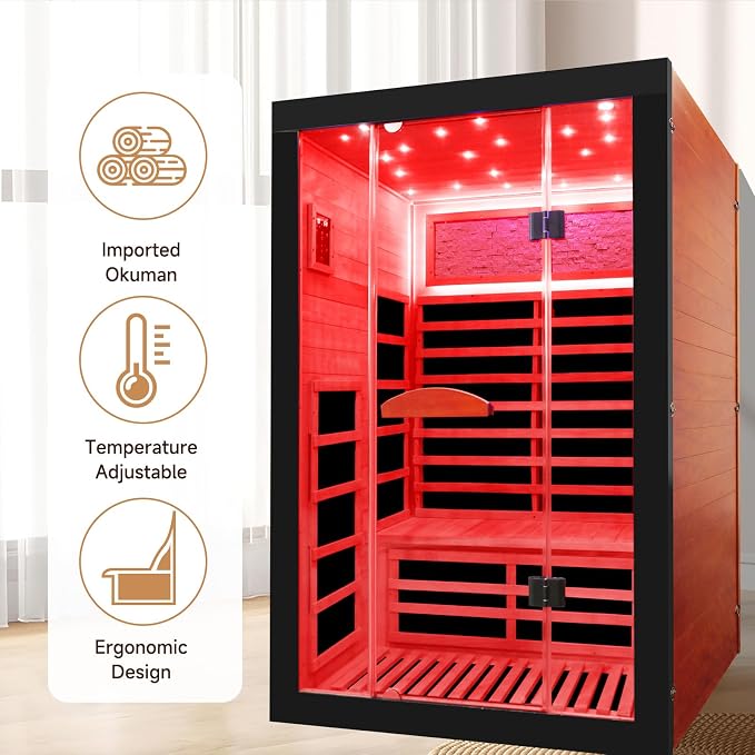 OUTEXER Infrared Sauna 2000W Wooden Saunas Home Spa Room Wood Low-EMF Indoor Saunas with with 7 Color Starry Sky Ceiling Light for Two Person 74.8 * 47.2 * 41.3Inch