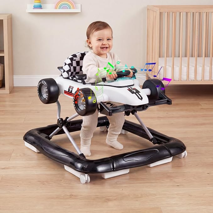 HONEY JOY Baby Walker, 4-in-1 Foldable Infant Activity Push Walker, Toddler Car Walker with Adjustable Heights, Music, Lights, Padded Seat, Baby Walker with Wheels for Boys Girls 6-18 Months (White)