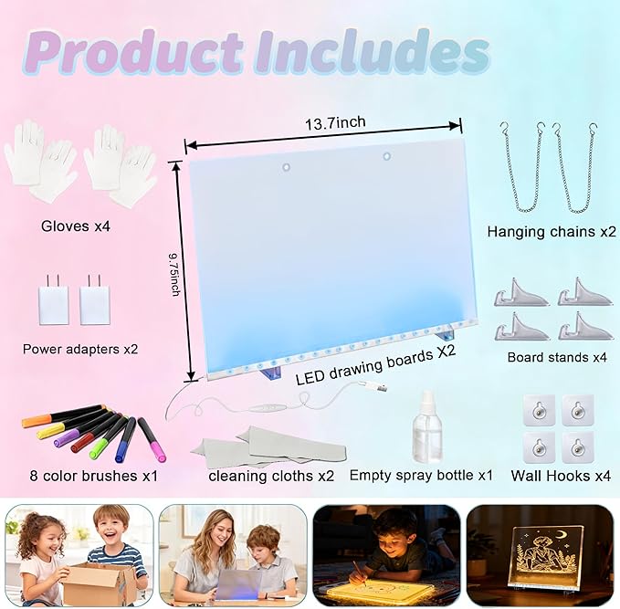 2026 LED Drawing Board for Kids Ages 6+, 2 Pack 13.7"x9.75" Plug-in Light Up Dry Erase Note Boards with Colors, 7 Color Modes Acrylic Glow Board with Stands, Markers, Spray Bottle, Hanging Chains