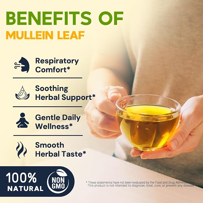 Mullein Leaf Tea Bags for Lung Support, 80 Tea Bags, Herbal Tea from Mullein Leaves, Caffeine Free, No Sugar