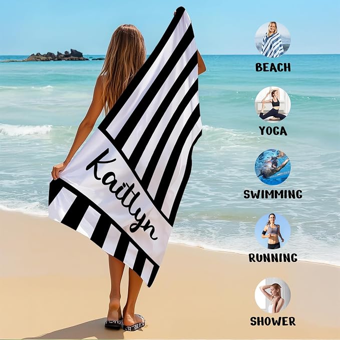 JML Personalized Beach Towel with Name, Custom Cabana Stripe Beach Towel, Customized Microfiber Pool Towel, Quick Dry & Absorbent Swim Towel for Adult,Anniversary, Birthday, Summer Holiday,Vacation