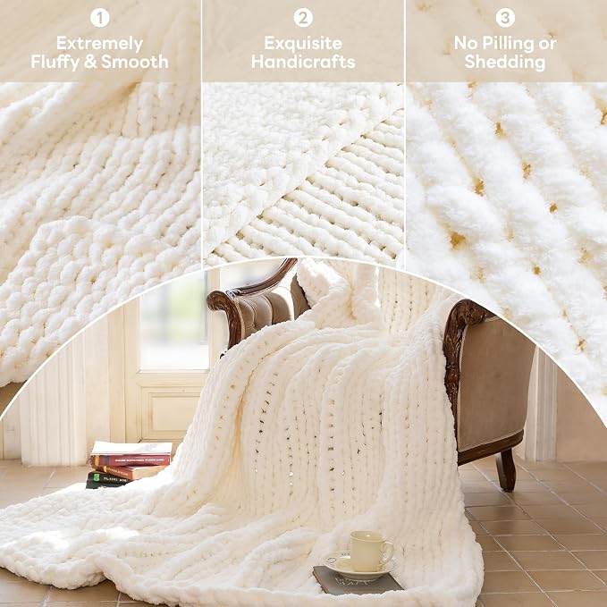 Chunky Knit Blanket - Luxury Soft Cozy 80 * 90 Throw Blanket,100% Woven Blanket Rope Knot Throw Blanket for Couch, Sofa, Home Decor, Gift - Machine Washable (Ivory White, 80 * 90)