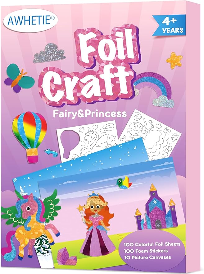 AWHETIE Princess Foil Craft for Kids,No Mess Creative Activity Toys Art and Crafts for Kids,Birthday Gifts Crafts for Girls&Boys Ages 4, 5, 6, 7, 8, 9 (Princess)