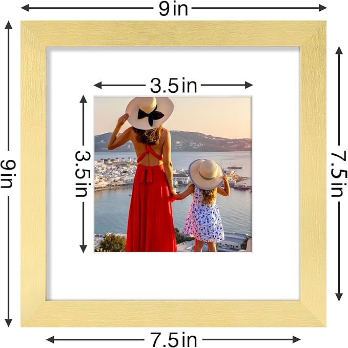 Vittanly 8x8 Picture Frames Set of 9 for Wall or Tabletop Display, Gold | Display Pictures 4x4 with Mat or 8x8 without Mat for Wall Mounting, Square Photo Frames for Home Decor, Engineered Wood