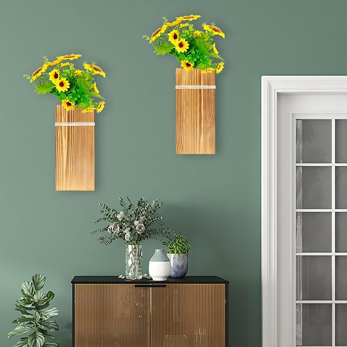 Wall Planters for Indoor Plants-2 Pack Wood Wall Vases for Dried Flowers & Artificial Plants Modern Farmhouse Wooden Vase for Living Room Bedroom Kitchen Decorations - Brown Large
