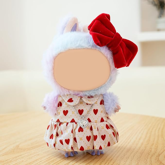 Clothes for Labubu Doll,6.7 Inch Doll Clothing Set - 4 Pieces of Handmade Clothes and Accessories for 17cm Plush Toy - Pink and White Colorblock Piglet Top + Pink Tutu Skirt + Bow Tie