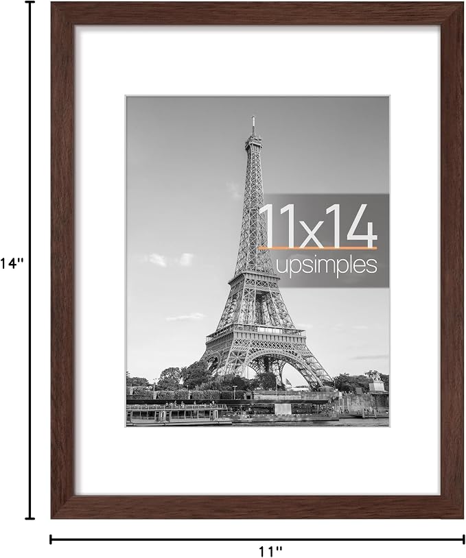 upsimples 11x14 Picture Frame, Display Pictures 8x10 with Mat or 11 x 14 Without, Wall Hanging Photo Frames, Brown, 1 Pack