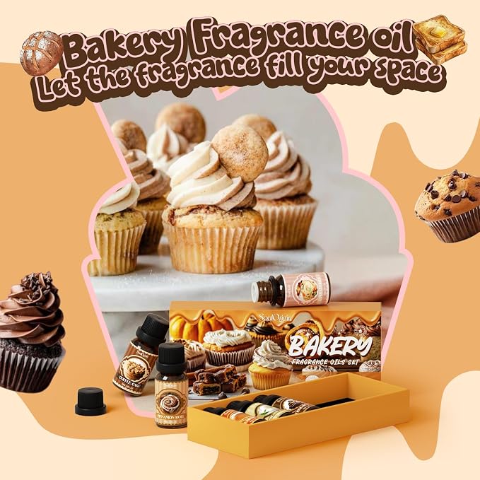 Soulorigin Bakery Essential Oils Set, Fragrance Oil Set for Diffuser, Scent Diffuser Oil for Candle Making- Chocolate Cookies, Creamy Vanilla, Coffee Cake, Pumpkin Pie, Candy Cookies, Cinnamon Rolls