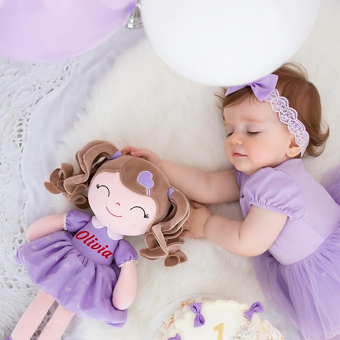 Gloveleya Personalized Baby Doll – Custom Name Plush Doll with Curly Hair & Purple Heart Dress | Unique Birthday for Girls, Toddlers & Kids | Soft Huggable Keepsake Toy