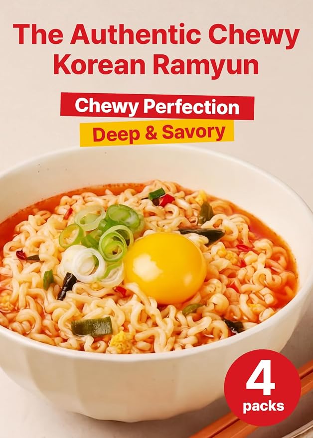 TBK THEBORN Paik Ramyun, Korean Spicy Ramen Noodle Soup 115g x 4 Packs | Spicy Korean noodle soup with a rich savory broth for quick meals at home, work, school or while traveling