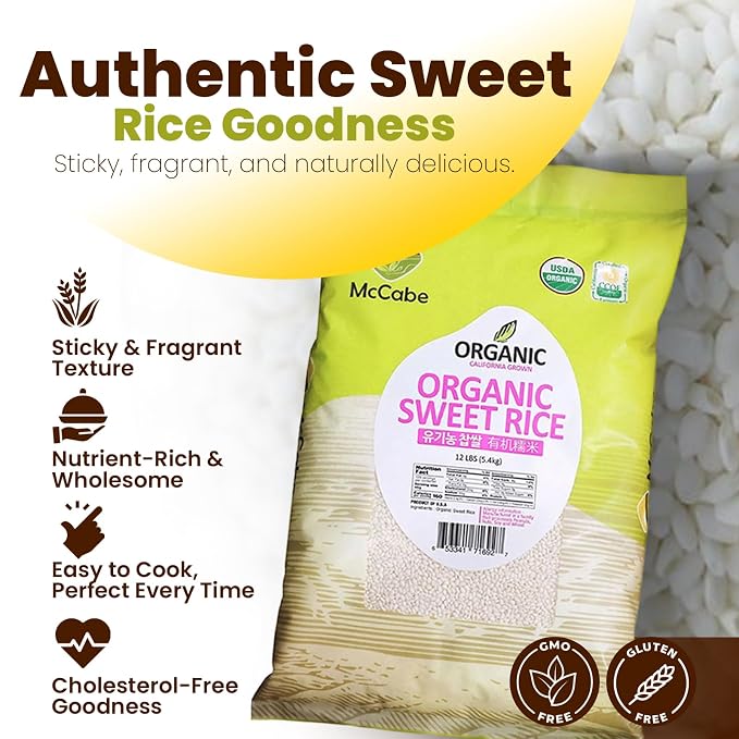 McCabe Organic Sweet Rice - Organic Glutinous Sweet Rice | Gluten Free & GMO-Free Sticky Rice | Rich in Fibers and Minerals | USDA and CCOF Certified | Product of USA | 12 Lbs Pack of 2