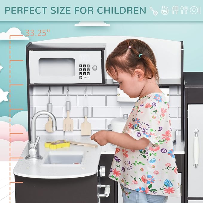 Qaba Corner Kids Kitchen Playset, Wooden Pretend Toy Kitchen Set with Drinking Fountain, Microwave, Fridge and Accessories, Pretend Play Kitchen for 3+ Years, Black