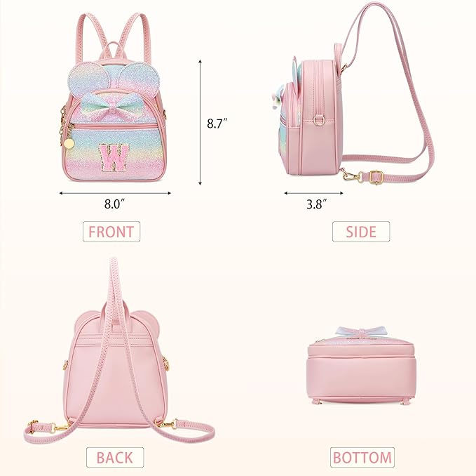 KKXIU Initial Bowknot Mini Backpacks for Girls Women, Small Cute Backpack Purse, Personalized Valentines Day Gifts for Toddler, Kids and Teen Girls(W, Rainbow)